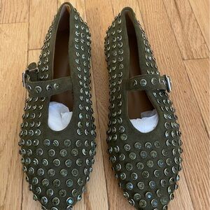 Alaia inspired green suede studded crystal ballet flats - New